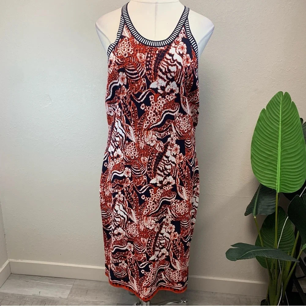 Rachel Roy Red White and Blue Floral Patterned Knit Body con Halter Dress